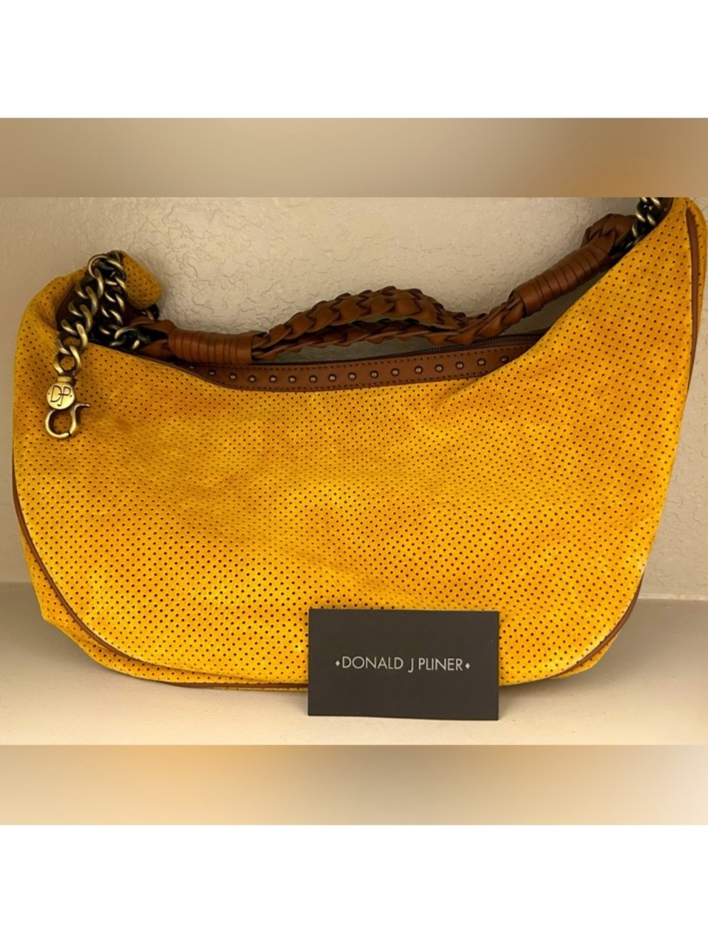 Donald J. Pliner Mustard Suede Perforated Hobo with Braided Leather Strap